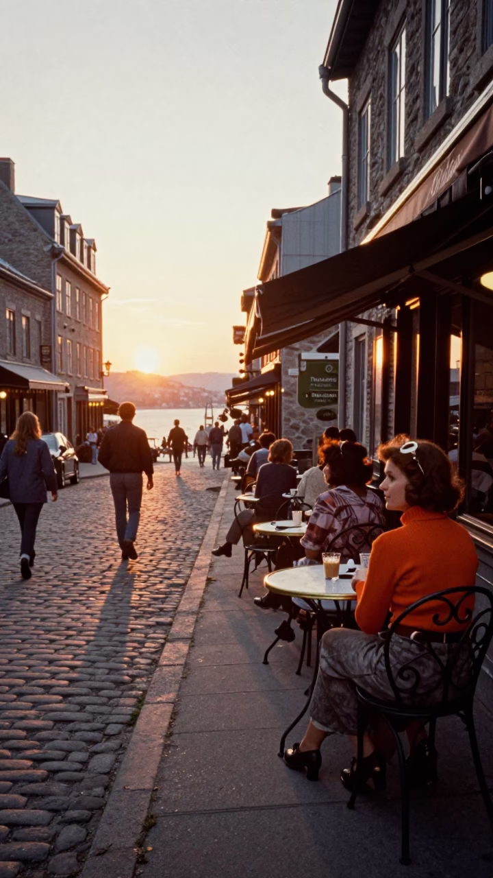 Vintage 1970s Quebec City Street Scene with Brass Rim and Tea Tin in in Quebec City, Quebec, Canada