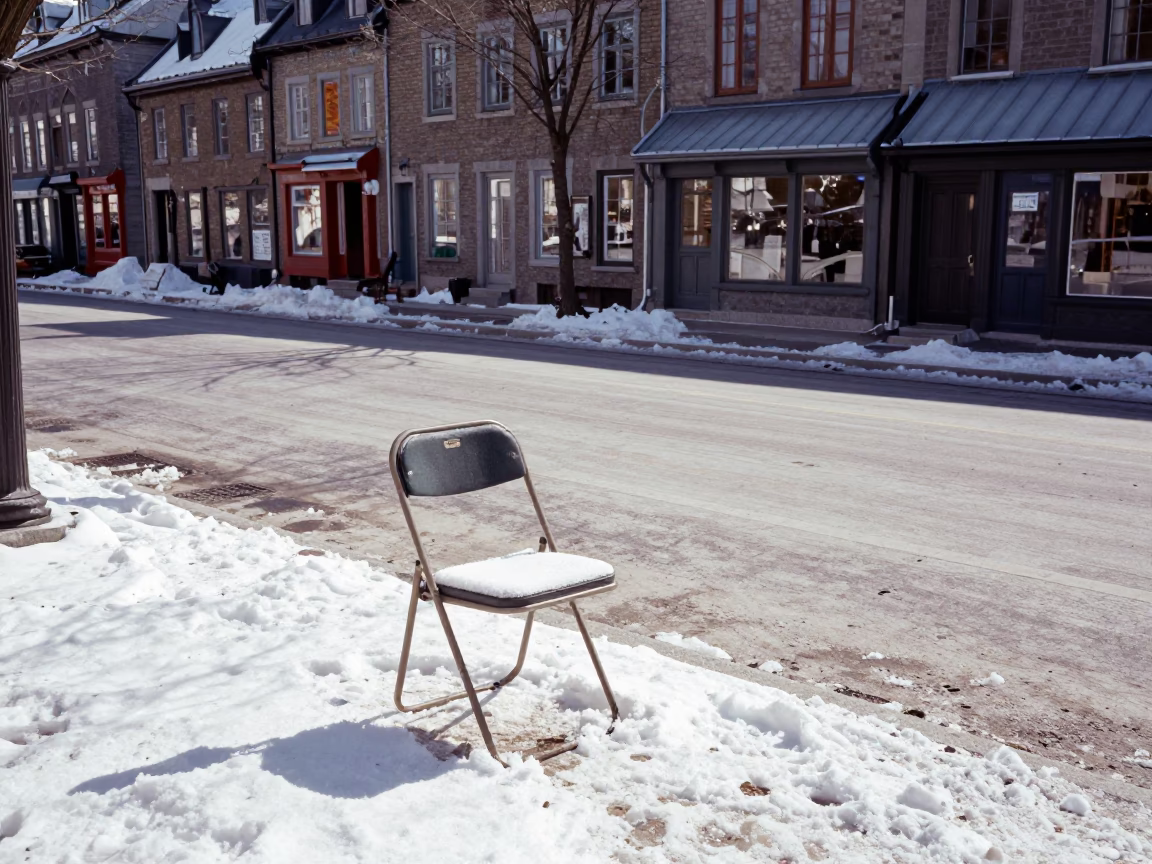 Vintage 1970s Quebec City Street Scene with Folding Chair and Winter Architecture in in Quebec City, Quebec, Canada