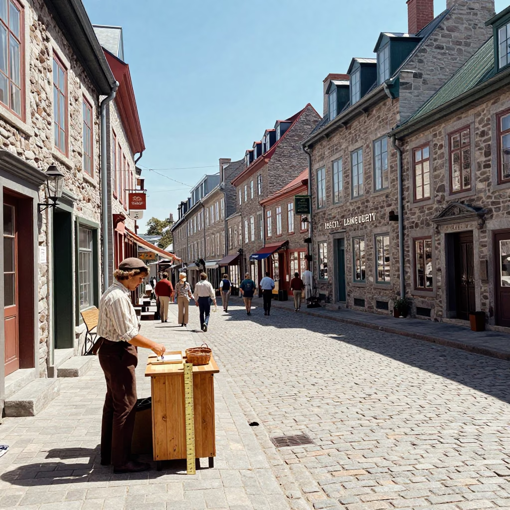 Vintage 1970s Quebec City Street Scene with Folding Ruler and Leather Basketball in in Quebec City, Quebec, Canada