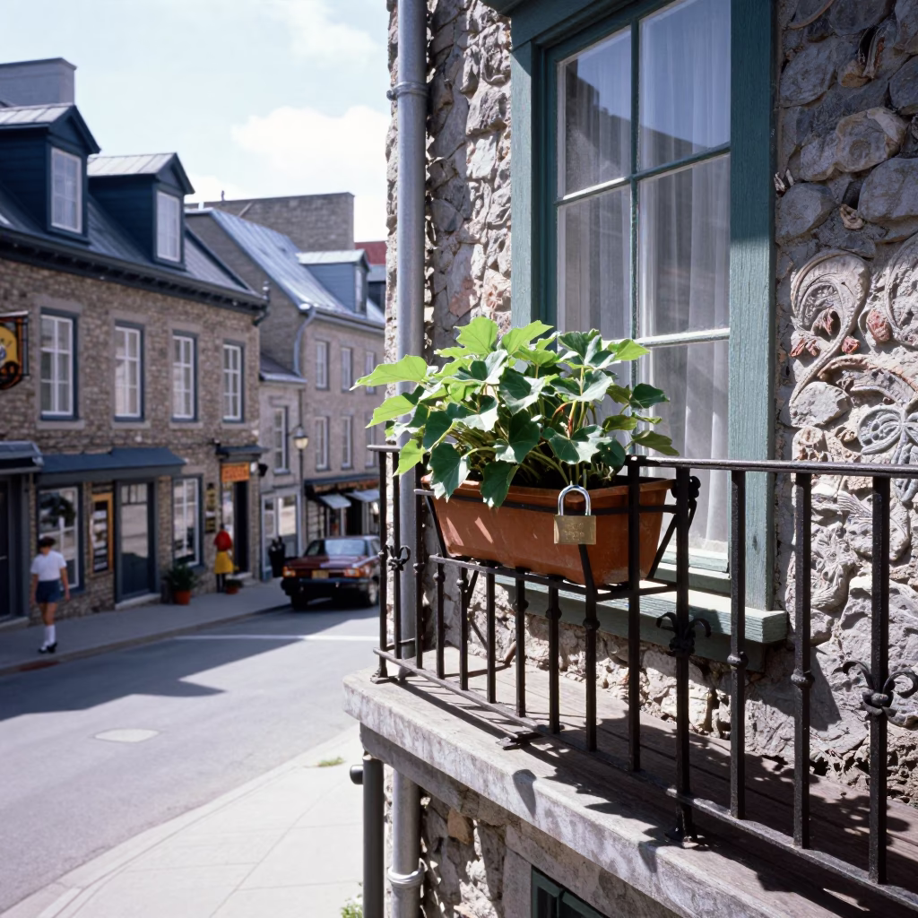 Vintage 1970s Quebec City Street Scene with Houseplant and Padlock on Balcony in in Quebec City, Quebec, Canada