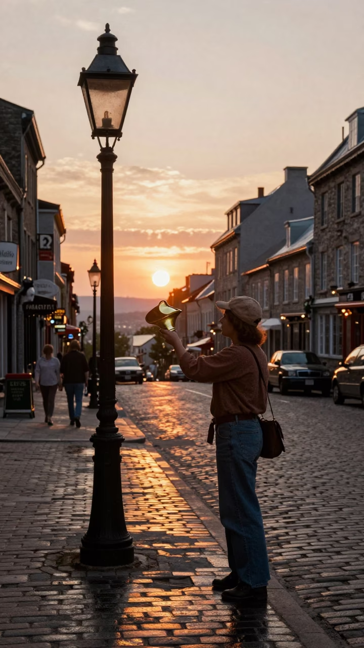 Vintage 1970s Quebec City Street Scene with Hurricane Lamp and Autumn Light in in Quebec City, Quebec, Canada