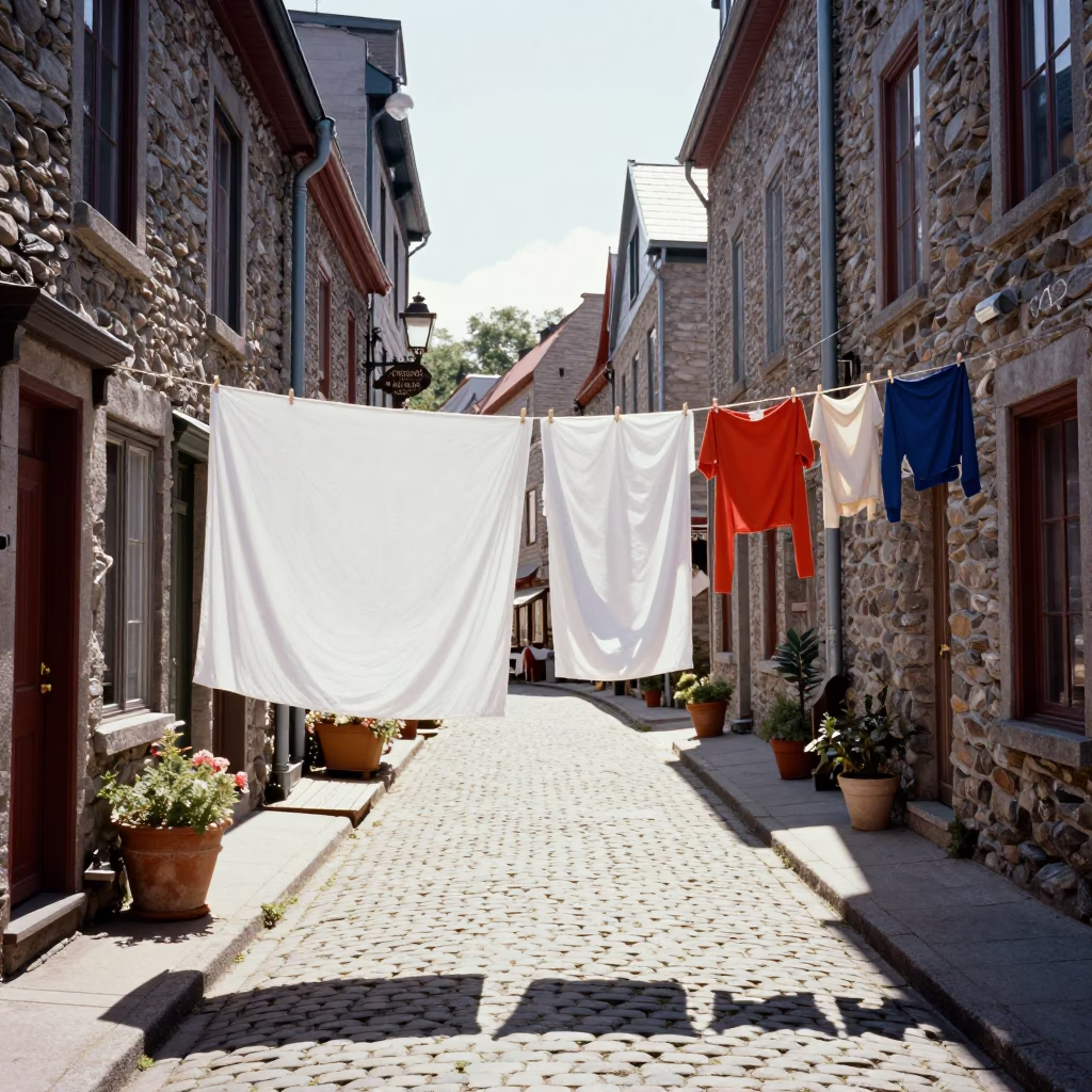 Vintage 1970s Quebec City Street Scene with Laundry Hanging and Local Life in in Quebec City, Quebec, Canada
