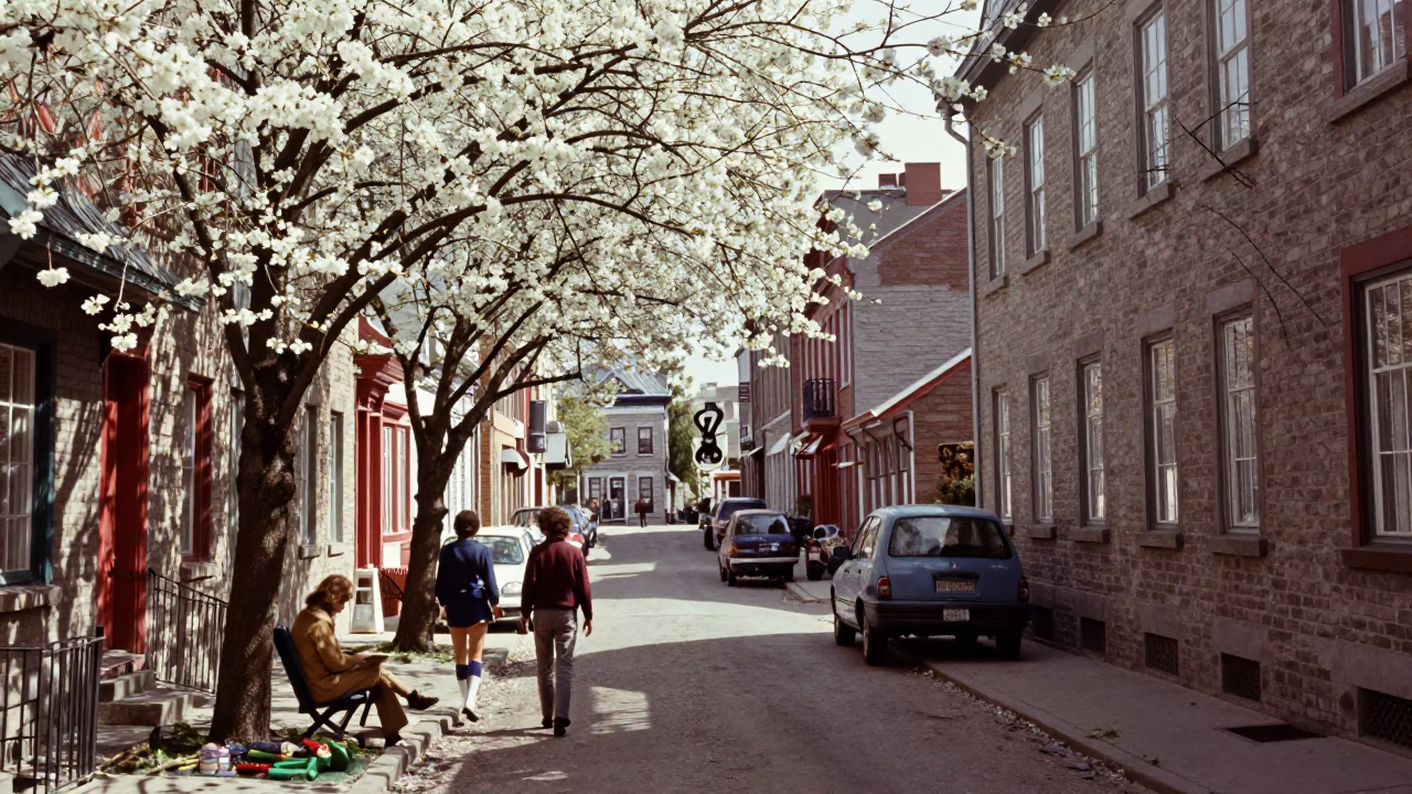 Vintage 1970s Quebec City Street Scene with Pruning Shears and Cherry Blossoms in in Quebec City, Quebec, Canada