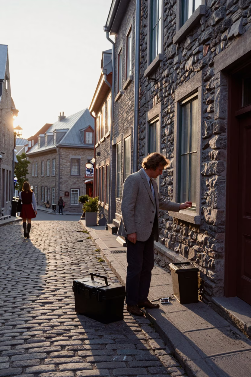 Vintage 1970s Quebec City Street Scene with Toolbox and Cassette Tapes at Sunrise in in Quebec City, Quebec, Canada