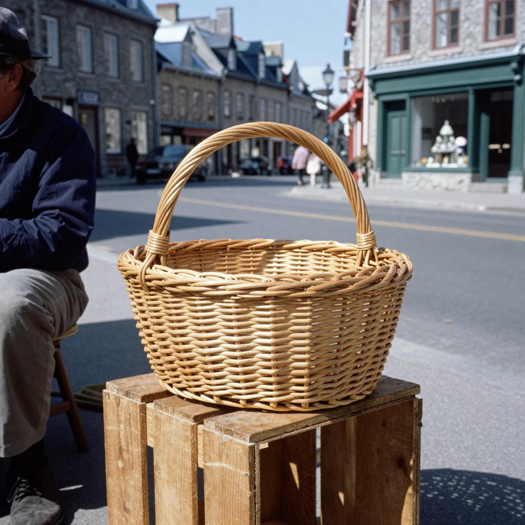 Vintage 1970s Quebec City Street Scene with Wicker Basket and Striped Towel in in Quebec City, Quebec, Canada