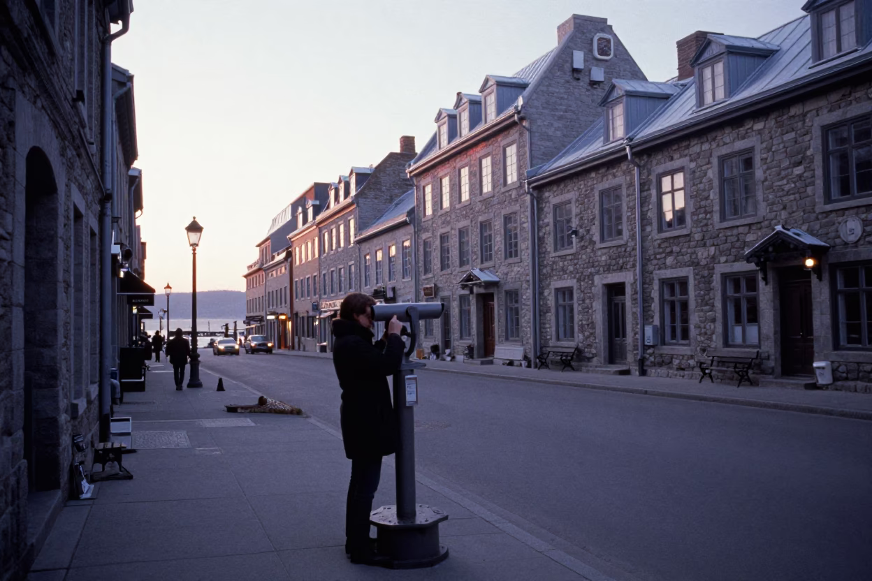 Vintage 1970s Quebec City Winter Dawn Street Scene with Telescope and Frost in in Quebec City, Quebec, Canada