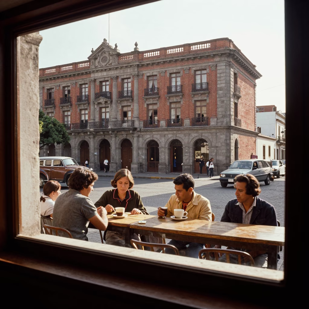 Vintage 1970s Quito Street Scene Late Afternoon Coffee Shop Interior with Bicycle Rack in in Quito, Ecuador