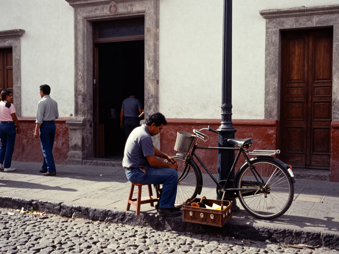 Vintage 1970s Quito Street Scene with Local Mechanics and Tools in in Quito, Ecuador