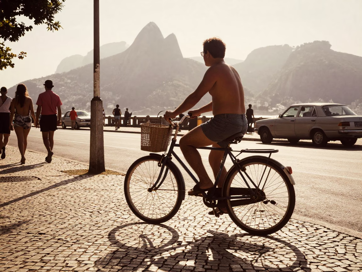 Vintage 1970s Rio de Janeiro Street Scene with Bicycle and Passion Flower in in Rio de Janeiro, Brazil