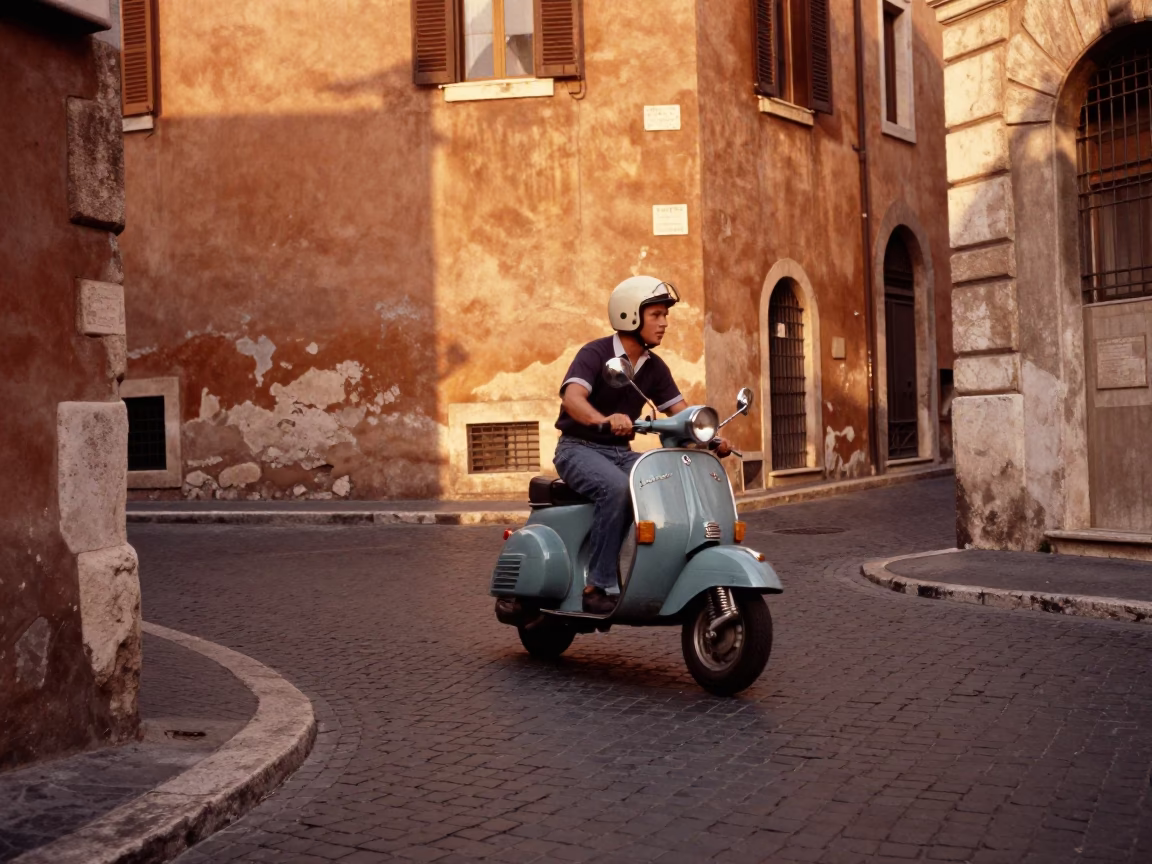 Vintage 1970s Rome Scooter Weaving Through Historic Narrow Streets at Golden Hour in in Rome, Italy