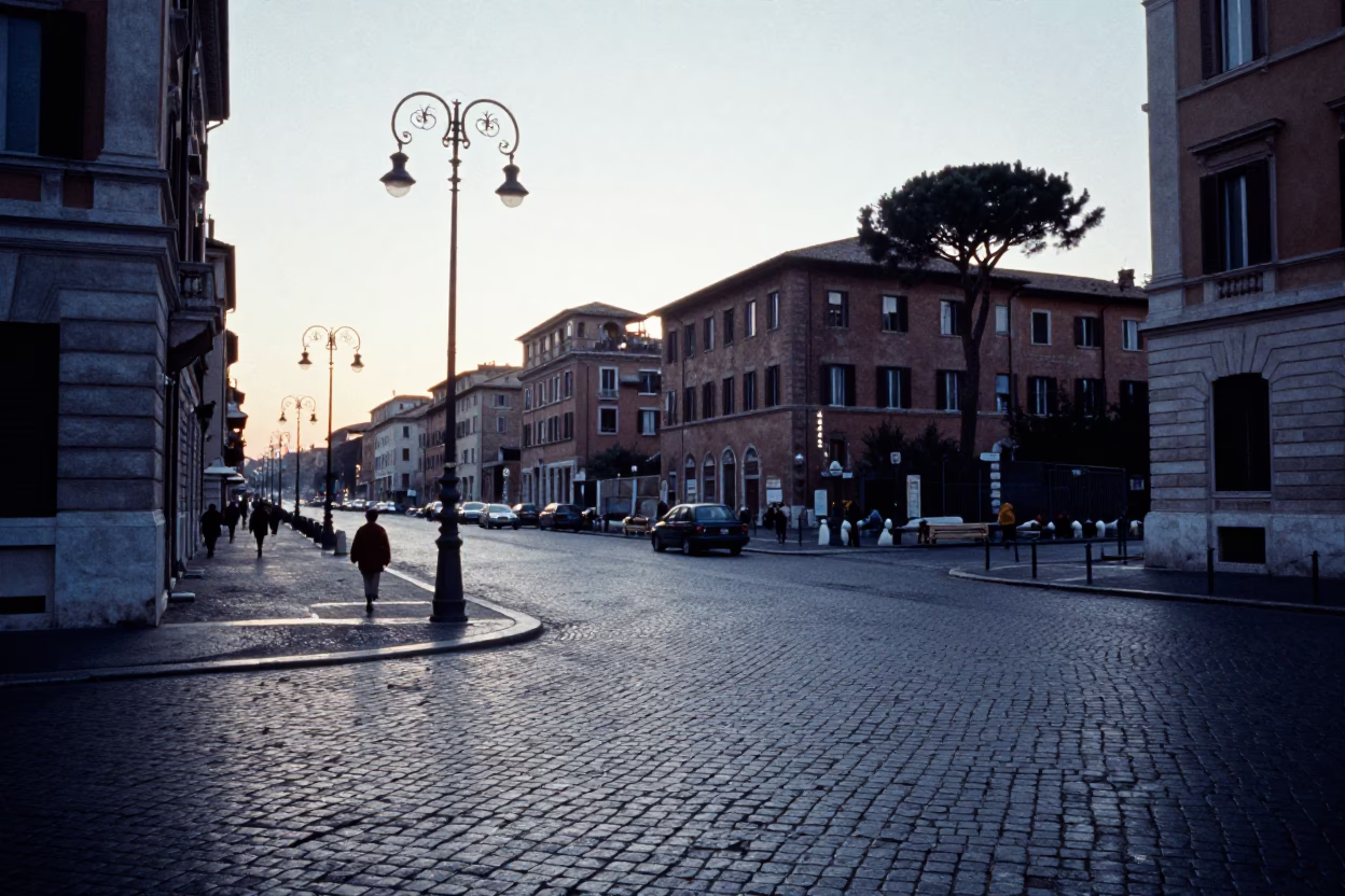 Vintage 1970s Rome Street Scene Before Sunrise with Local Vendor and Pedestrians in in Rome, Italy