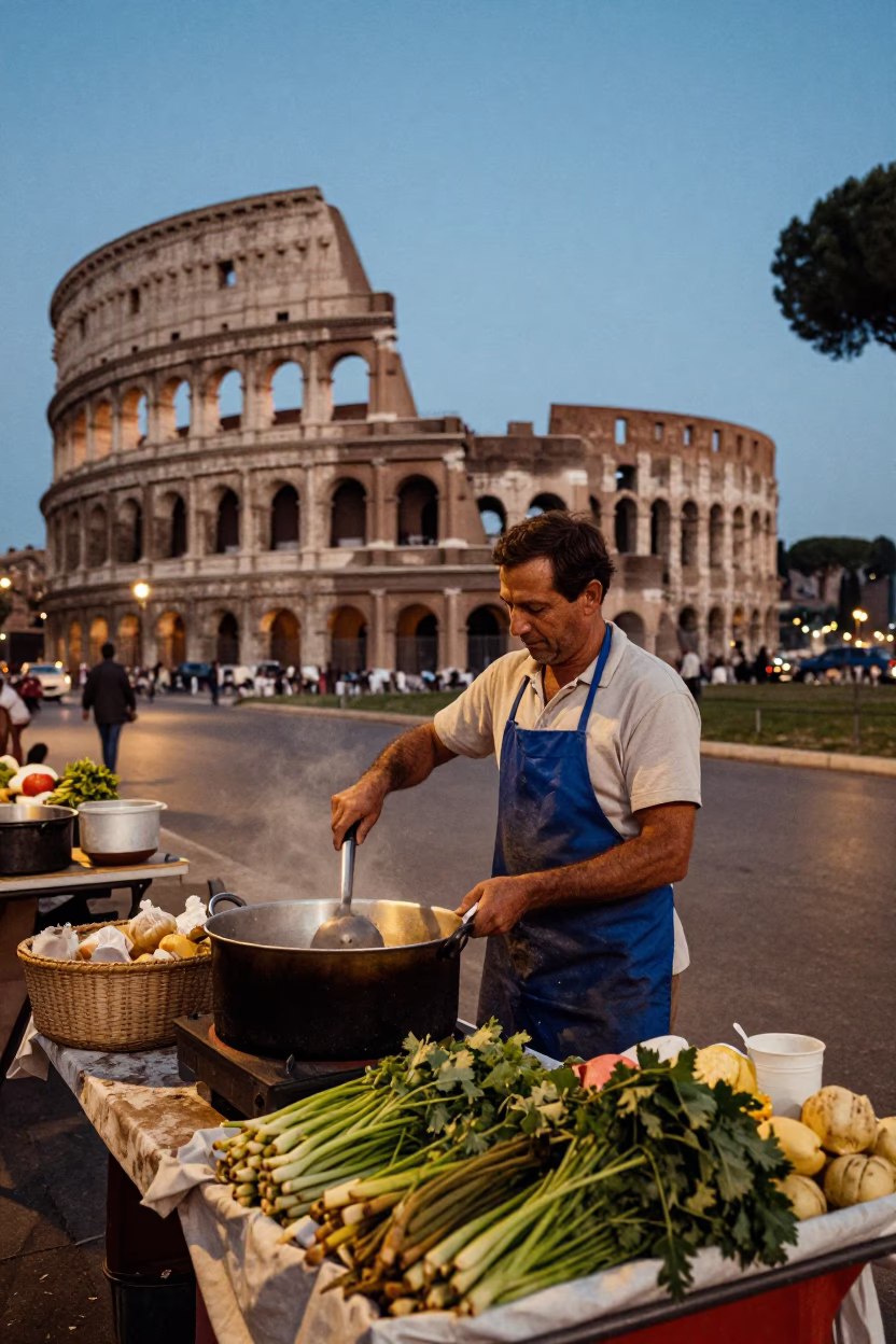 Vintage 1970s Rome Street Scene Blue Hour with Cooking Pot and Apron in in Rome, Italy