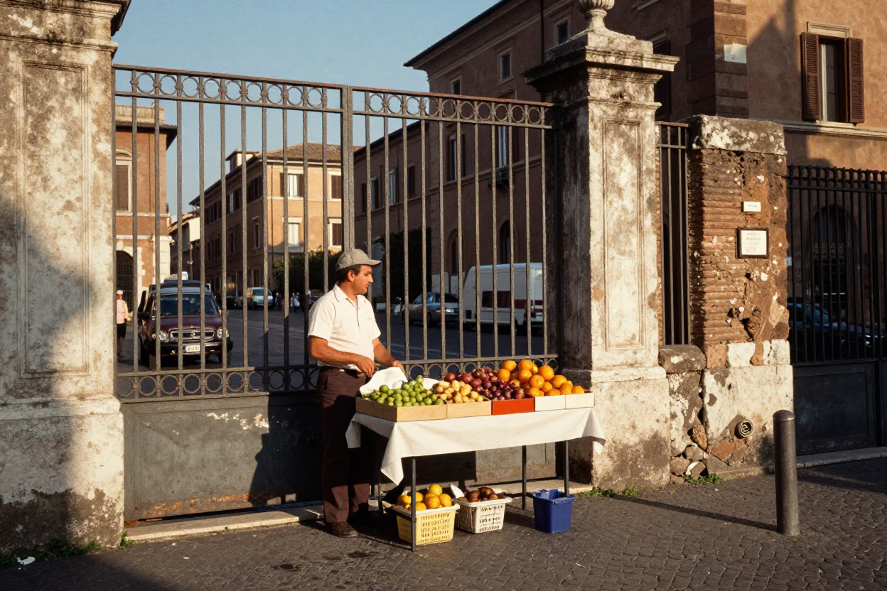Vintage 1970s Rome Street Scene with Berry Vendor and Garden Gate in in Rome, Italy