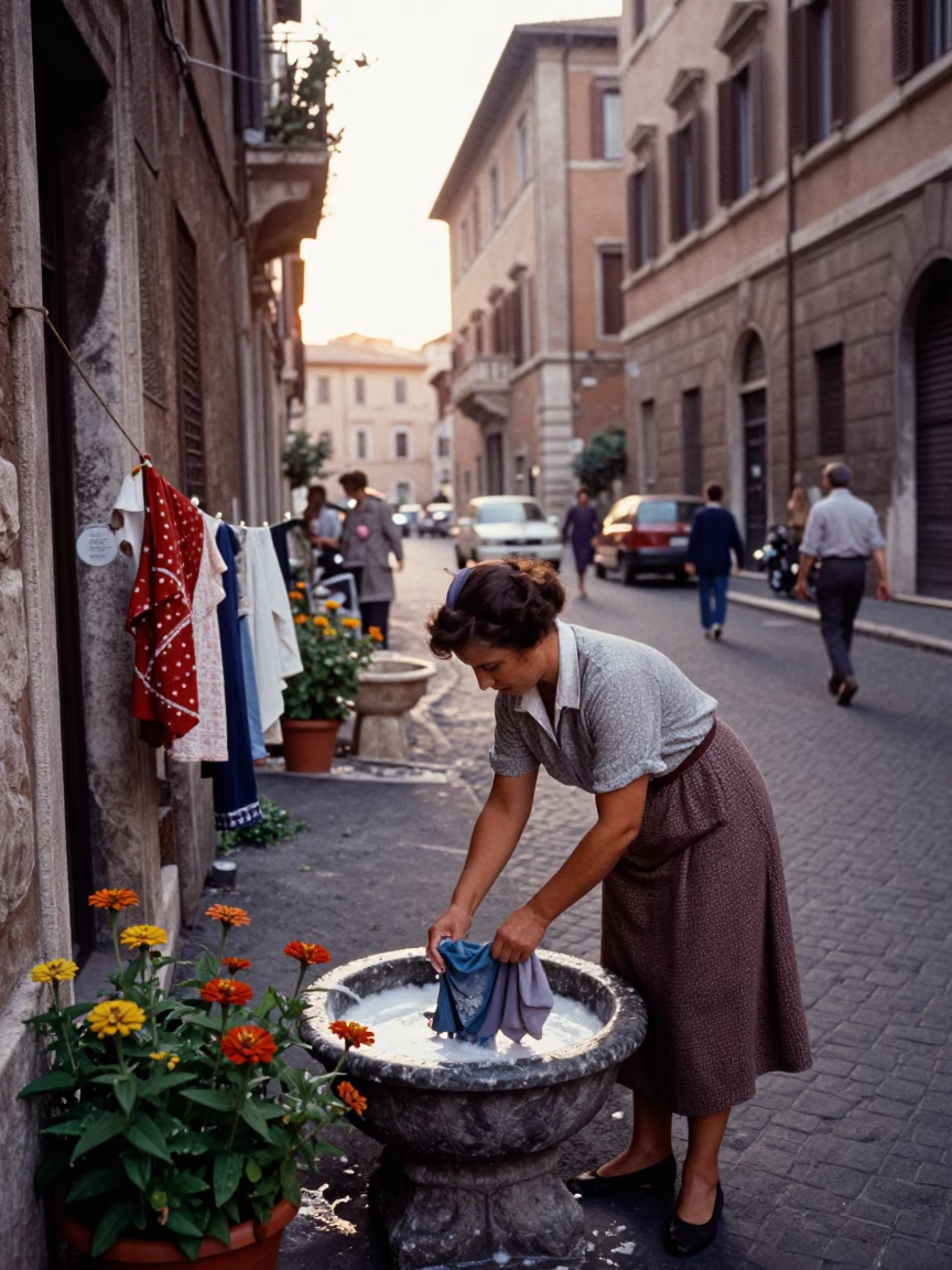 Vintage 1970s Rome Street Scene with Laundry and Zinnias After Sunrise in in Rome, Italy
