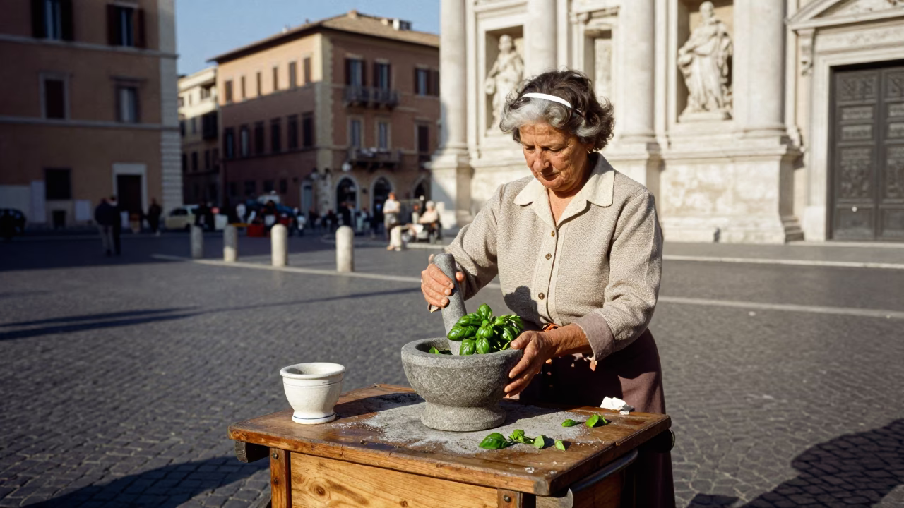 Vintage 1970s Rome Street Scene with Mortar and Pestle in Sunlit Piazza in in Rome, Italy