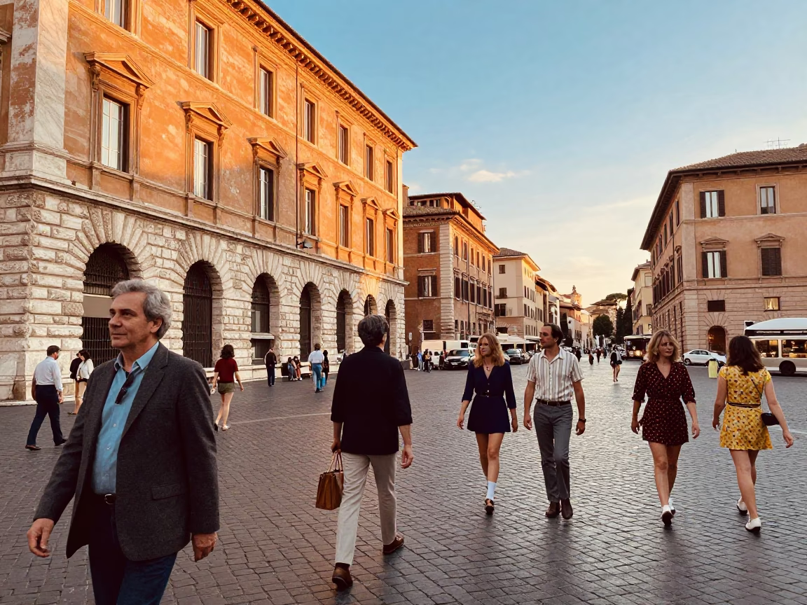 Vintage 1970s Rome Sunset Street Scene with Pedestrians and Architecture in in Rome, Italy