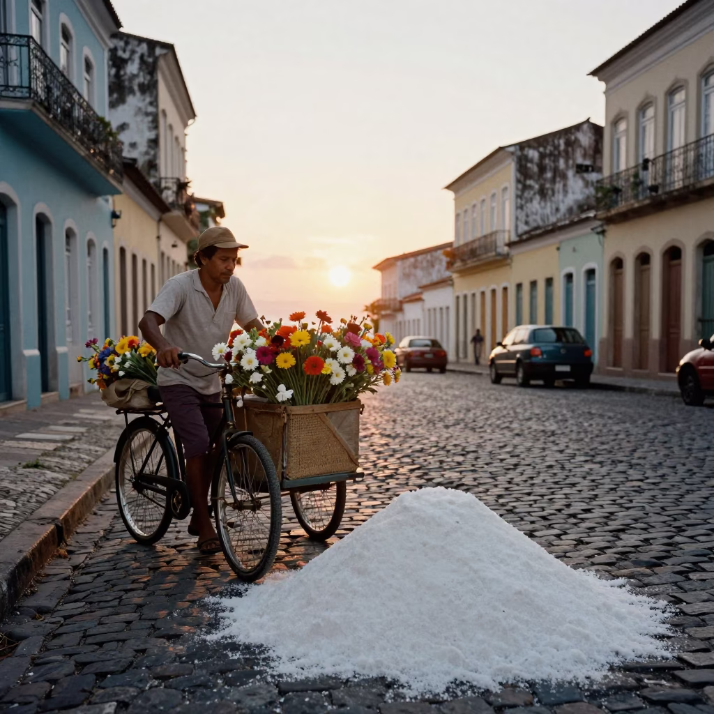 Vintage 1970s Salvador Brazil street scene with bicycle and salt shaker in in Salvador, Brazil