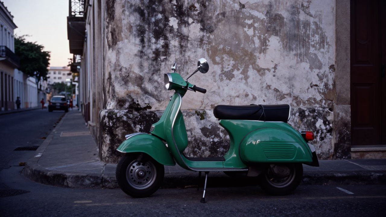 Vintage 1970s Salvador Brazil Street Scene with Tricolor Scooter Before Sunrise in in Salvador, Brazil