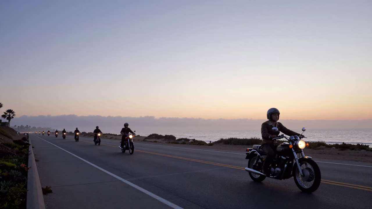 Vintage 1970s San Diego Coastal Highway at Dawn with Motorcycle Convoy in in San Diego, California, United States