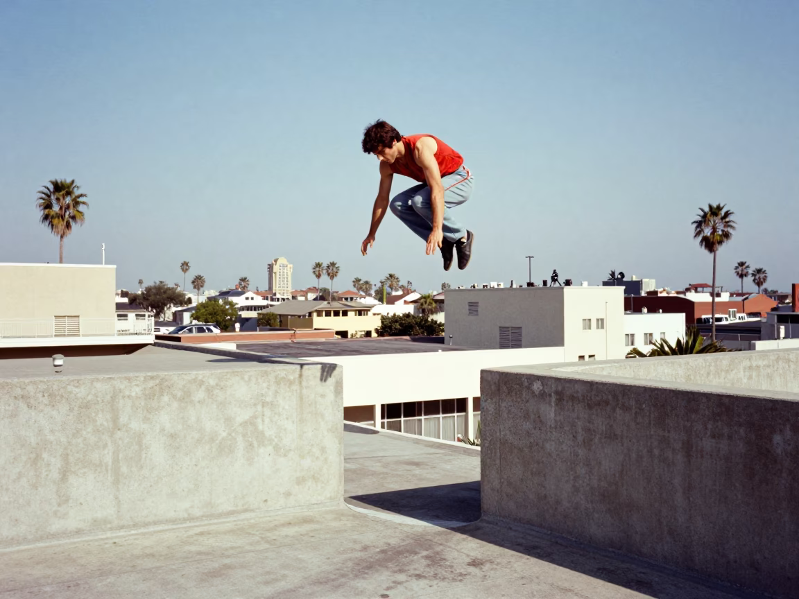 Vintage 1970s San Diego Parkour Athlete Leaping Between Rooftops in Bright Midmorning Light in in San Diego, California, United States