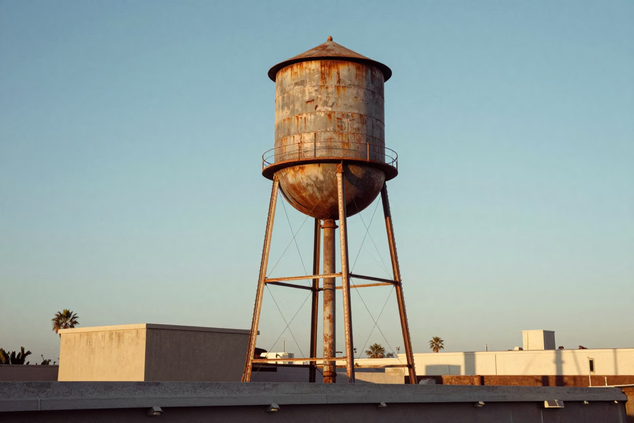 Vintage 1970s San Diego Rooftop Water Tower in Late Afternoon Light in in San Diego, California, United States