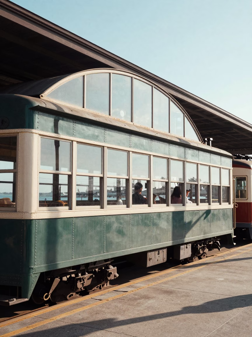 Vintage 1970s San Diego Street Scene with Glass Steel Train Station Arched Roof in in San Diego, California, United States