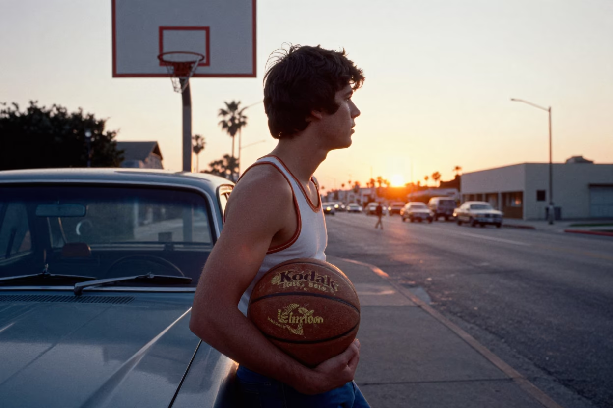 Vintage 1970s San Diego Street Scene with Leather Basketball and Bicycle Basket at Sunset in in San Diego, California, United States