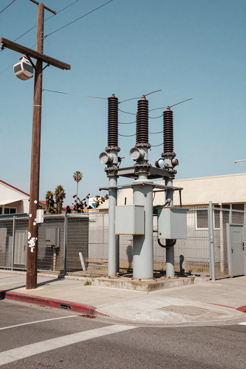 Vintage 1970s San Diego Street Scene with Substation Infrastructure and Pomegranate Market in in San Diego, California, United States