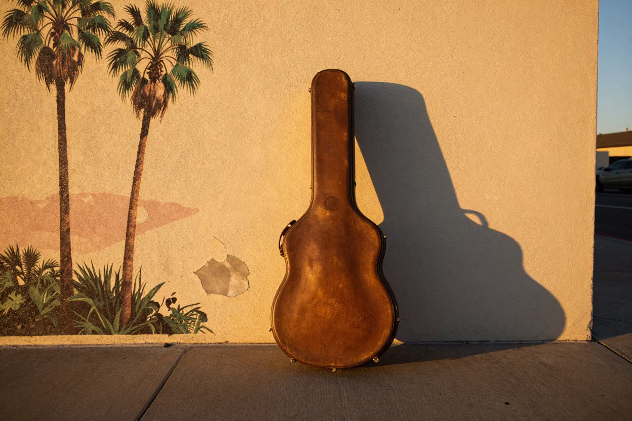Vintage 1970s San Diego Sunset Guitar Case and Street Life in in San Diego, California, United States
