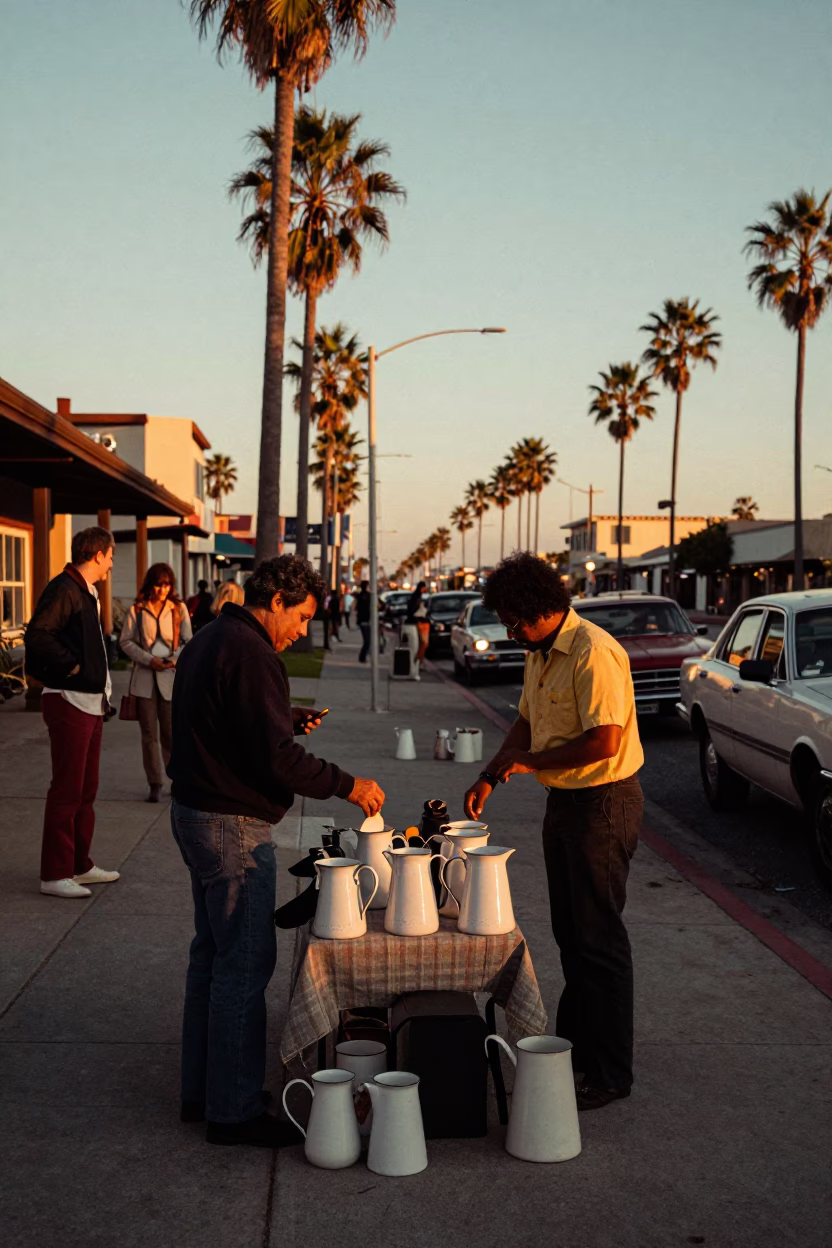 Vintage 1970s San Diego Sunset Street Scene with Enamel Pitcher and Umbrella Stand in in San Diego, California, United States