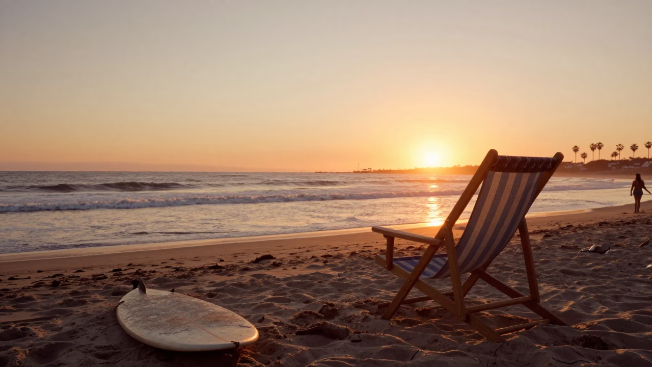 Vintage 1970s San Diego Sunset Surfing Scene with Deck Chair and Orange Calendula Flowers in in San Diego, California, United States