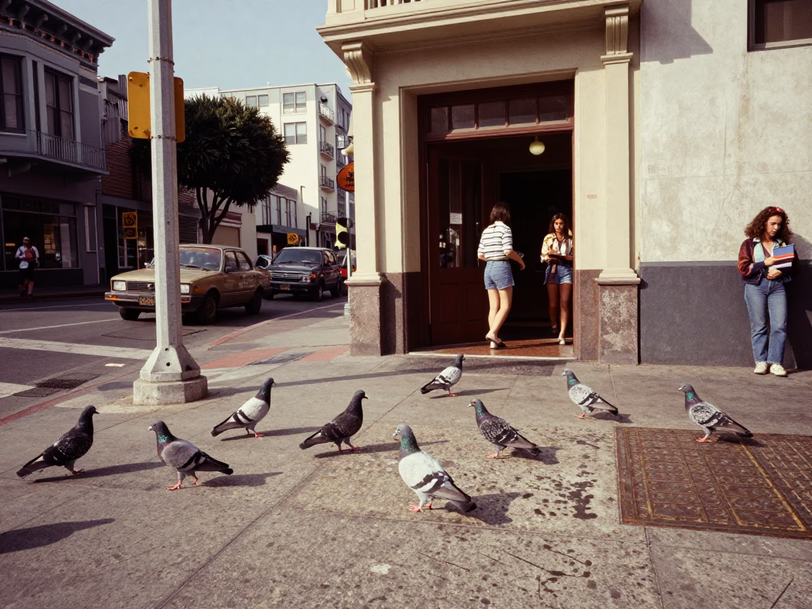 Vintage 1970s San Francisco Street Scene with Pigeons and Urban Details in in San Francisco, California, United States