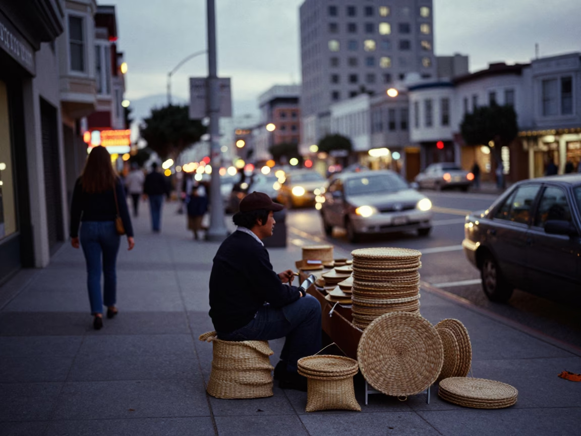 Vintage 1970s San Francisco Street Scene with Woven Mats and City Lights in in San Francisco, California, United States
