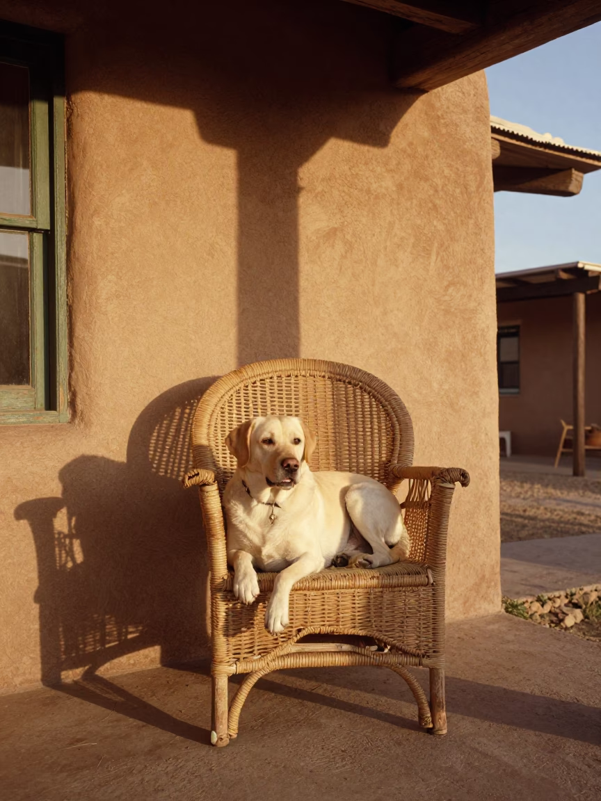 Vintage 1970s Santa Fe porch scene with dog and rustic furniture in in Santa Fe, New Mexico, United States