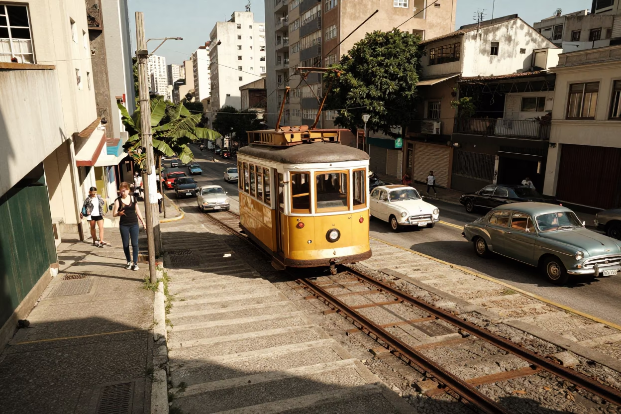 Vintage 1970s São Paulo Funicular Ascending Hillside Amidst Urban Street Life in in São Paulo, Brazil