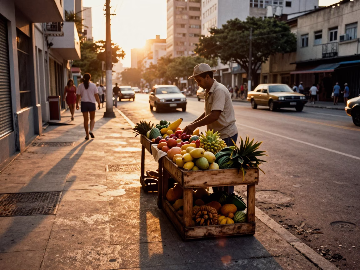 Vintage 1970s São Paulo Sunset Street Scene with Fruit Crate and Ceramic Plate in in São Paulo, Brazil