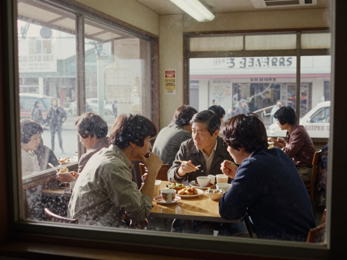 Vintage 1970s Sapporo Street Scene with Local Diners and Traditional Tableware in in Sapporo, Japan