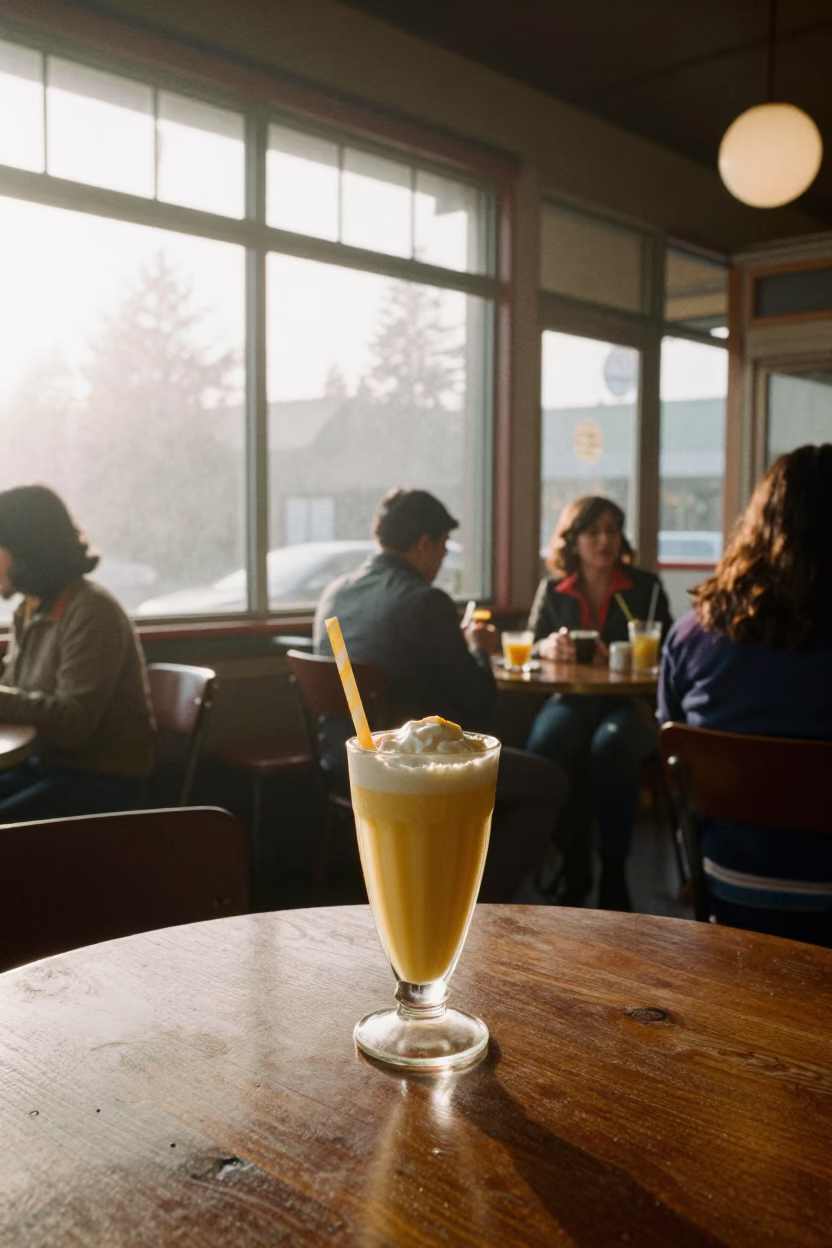 Vintage 1970s Seattle Coffee Shop Interior with Mango Lassi and Wicker Shadow in in Seattle, Washington, United States