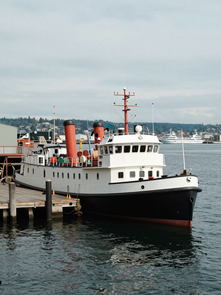 Vintage 1970s Seattle Harbor Tugboat Midday Activity Waterfront Scene in in Seattle, Washington, United States