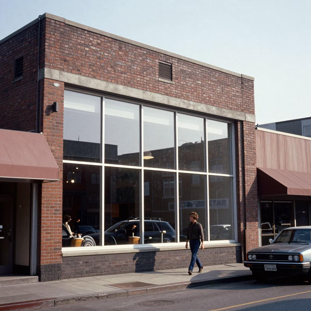 Vintage 1970s Seattle Late Morning Street Scene with Clear Glass Window Reflections in in Seattle, Washington, United States