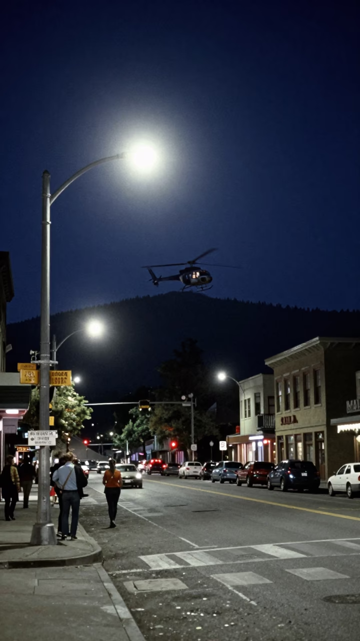 Vintage 1970s Seattle Night Street Scene with Helicopter and Urban Activity in in Seattle, Washington, United States