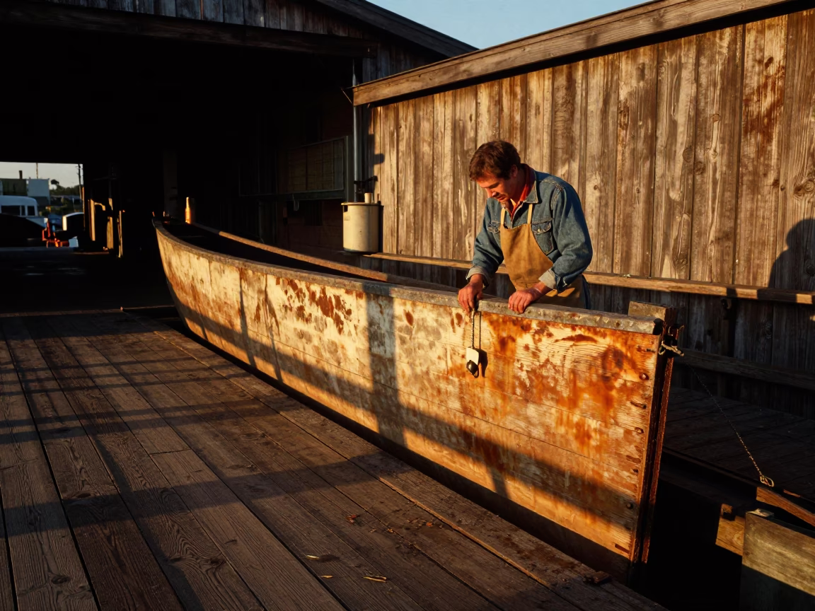 Vintage 1970s Seattle Shipwright Caulking Hull in Dry Dock During Honeyed Evening Light in in Seattle, Washington, United States