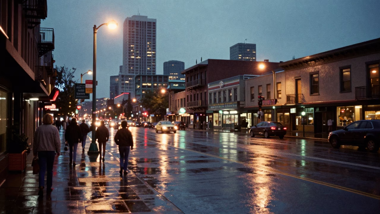 Vintage 1970s Seattle Street Scene with City Lights and Local Market Goods in in Seattle, Washington, United States