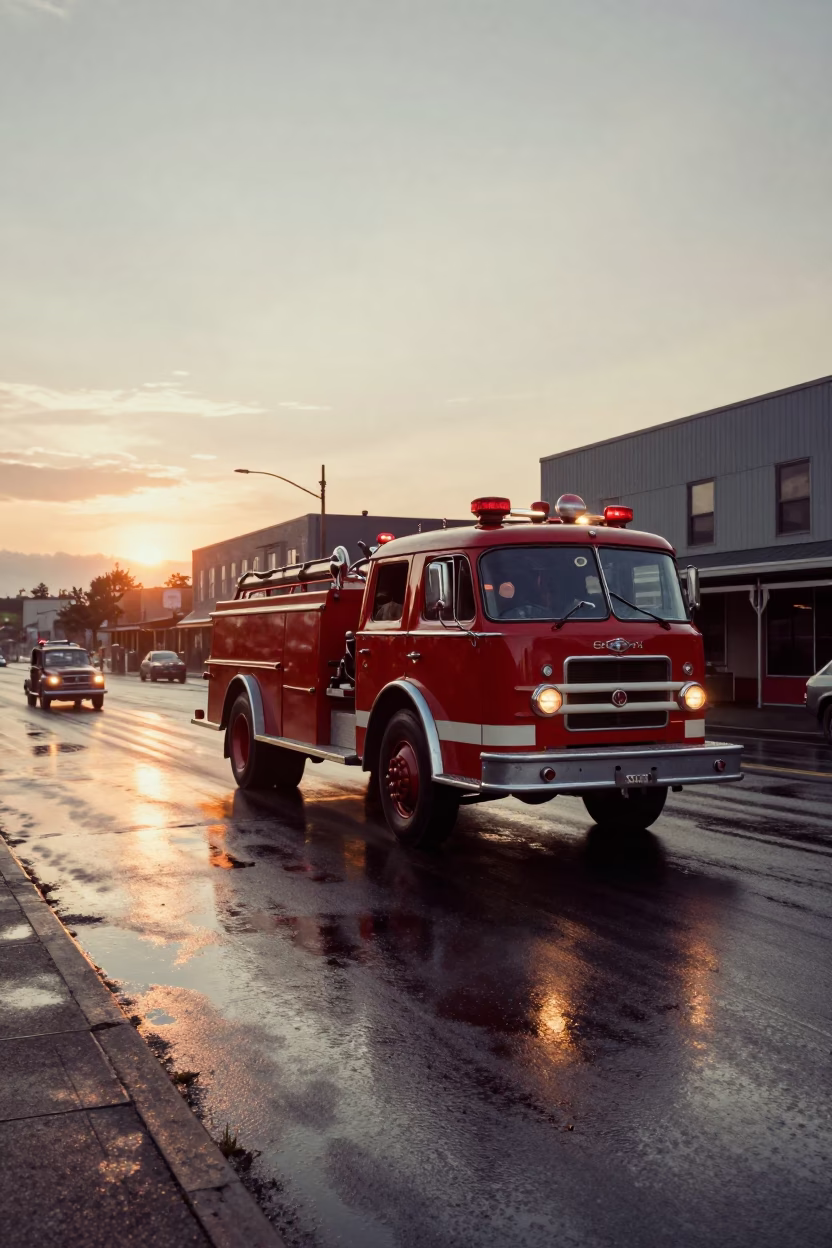 Vintage 1970s Seattle Street Scene with Fire Engine Racing at Sunset in in Seattle, Washington, United States