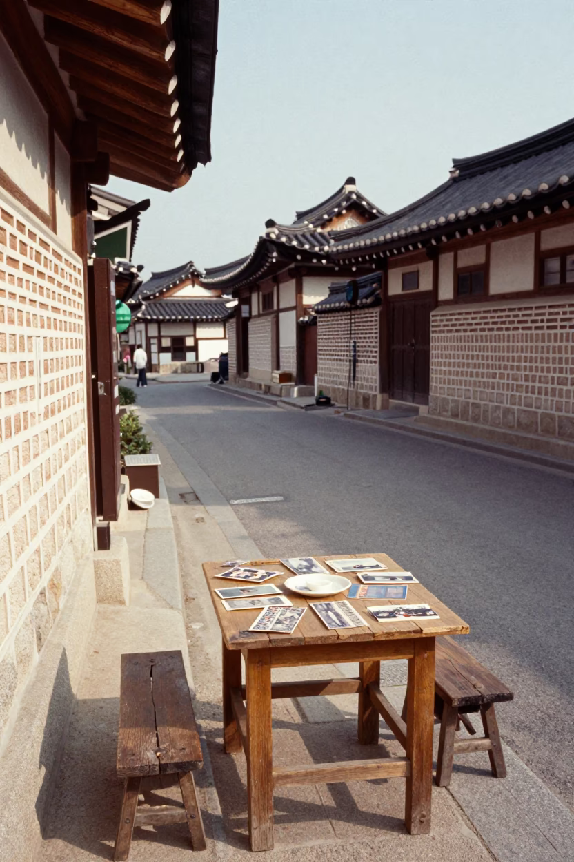 Vintage 1970s Seoul Street Scene with Postcards and Saucer on Wooden Table in in Seoul, South Korea
