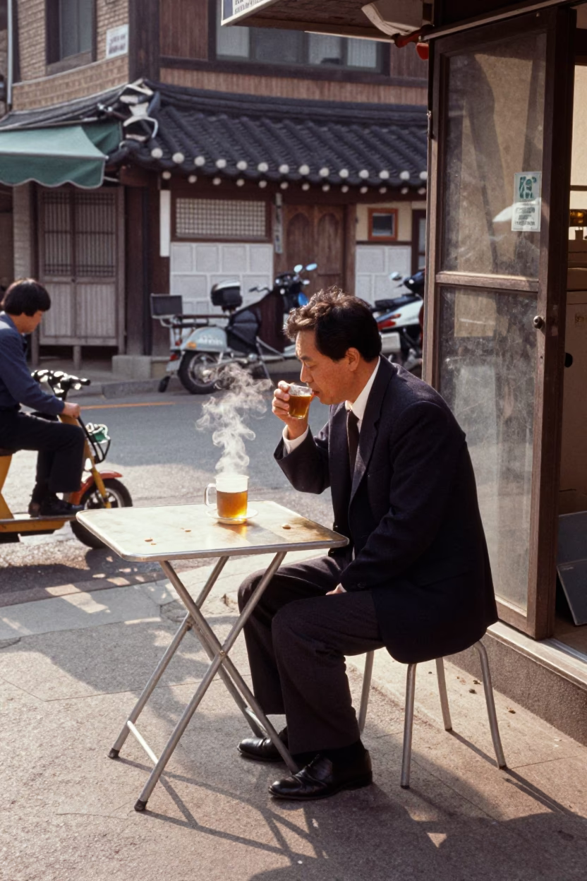Vintage 1970s Seoul Street Scene with Steaming Genmaicha Tea and Potted Herbs in in Seoul, South Korea