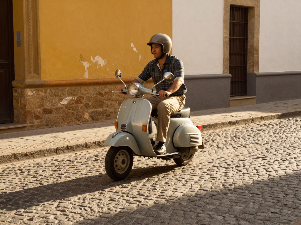 Vintage 1970s Seville Spain Scooter Weaving Through Cobblestone Old Town Late Afternoon in in Seville, Spain