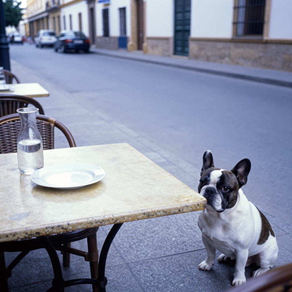Vintage 1970s Seville Street Scene with Blue and White Porcelain Plate and French Bulldog in in Seville, Spain