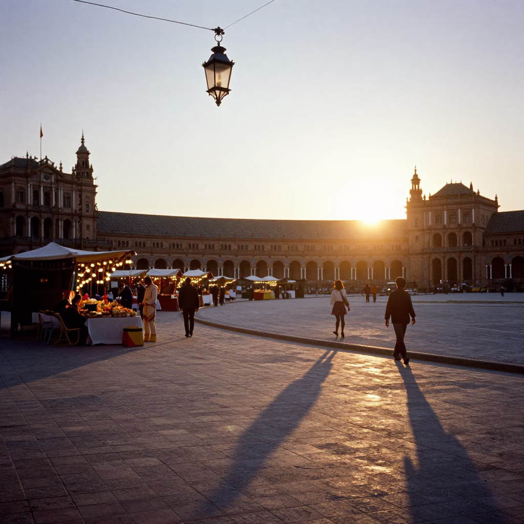 Vintage 1970s Seville street scene with hanging lanterns at sunset in in Seville, Spain