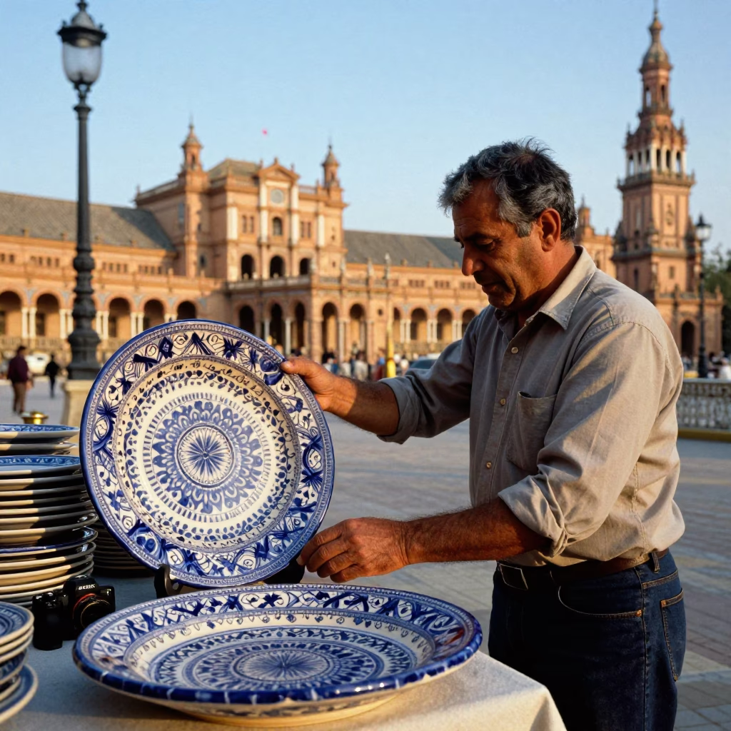 Vintage 1970s Seville Street Scene with Majolica Plate and Brass Basin in in Seville, Spain